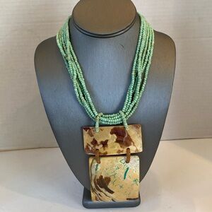 Vintage Multi Strand Beaded Necklace Shell Pendant